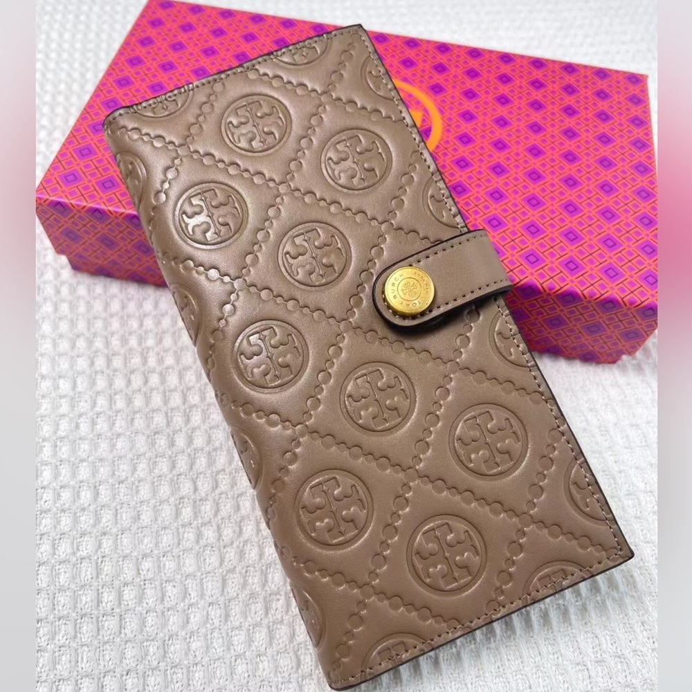 NWT Tory Burch Monogram Embossed Long Wallet Snap Closure Taupe Leather